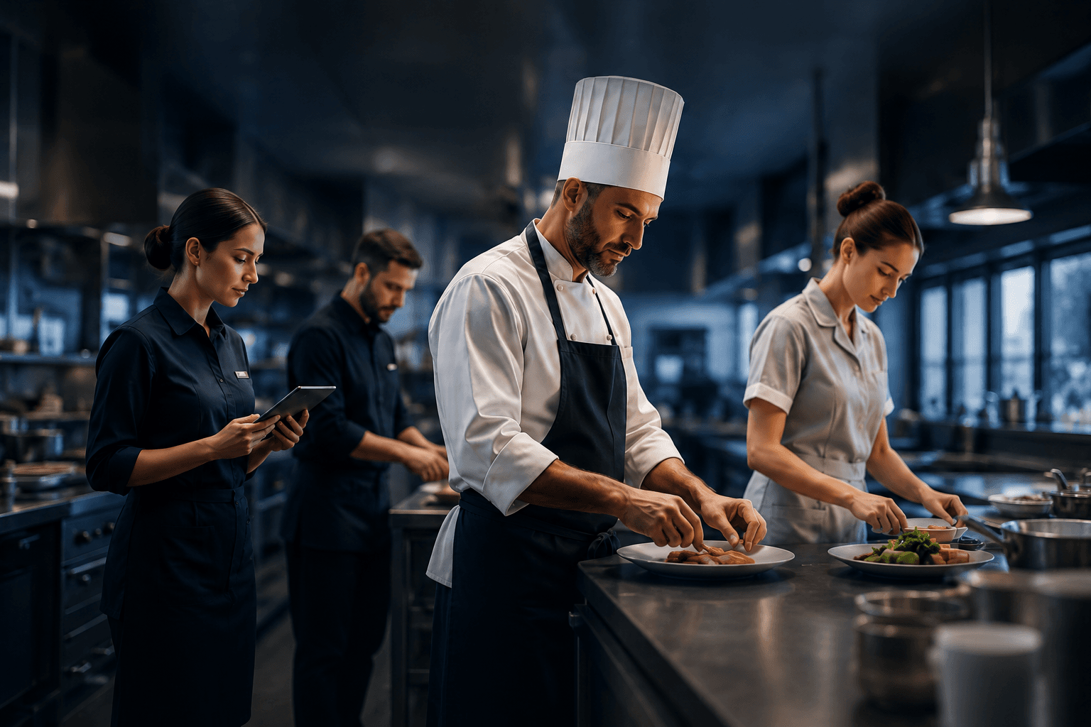 Hotel kitchen staff plating a dish together
